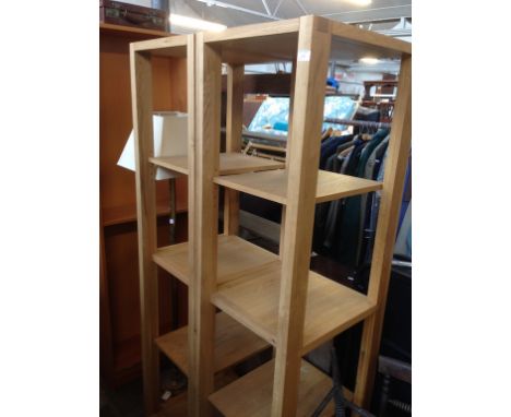 PAIR TALL SQUARE LIGHT OAK SHELVES