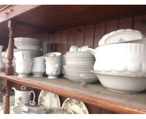 SHELF OF WHITE POTTERY ETC.