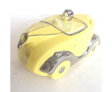 OKT42 ART DECO RACING CAR TEAPOT L5 CONDITION REPORT - good, no chips, cracks nor any restoration, minor wear to silvered dec