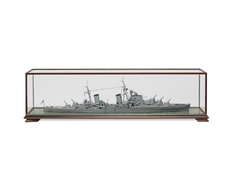 A Waterline Model of the Dido-Class Cruiser HMS Argonaut, Modern,constructed by John R Haynes, with carved and painted hull w
