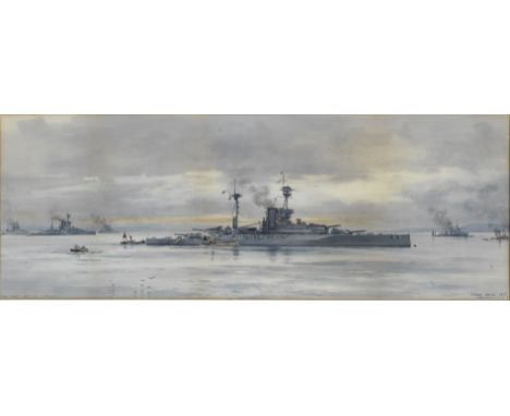 Frank Watson Wood (British, 1862-1953)H.M.S. Revenge at Scapa Flow, December 1918 signed and dated 'FRANK WOOD 1919' (lower r