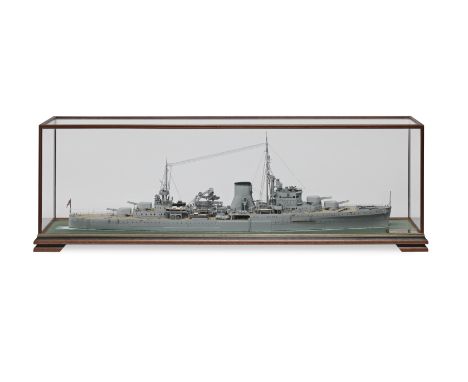 A Waterline Model of the Light Cruiser H.M.N.Z.S. Achilles, Modern,the painted and carved wood hull with detailed fittings in