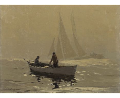 Norman Wilkinson (British, 1878-1971)Fishermen in a moored boat with shipping beyond signed 'NORMAN WILKINSON' (lower left)oi