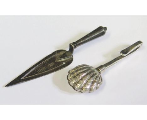 A George V Silver Trowel Bookmark, Birmingham 1922, Adie &amp; Lovekin Ltd., 2.8g and unmarked napkin clip 