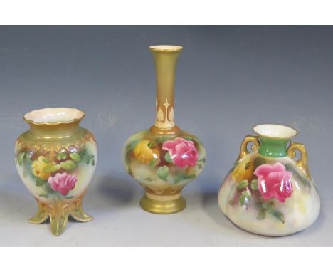 Three Royal Worcester Vases decorated with roses, tallest 15cm 