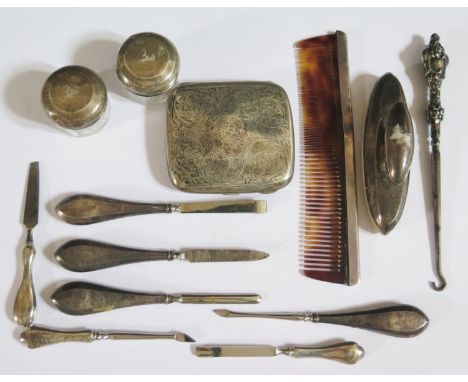 A George V Silver Cigarette Case with chased foliate scroll decoration, pair of silver top slice cut dressing table pots and 