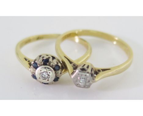 Two 18ct Gold Rings, one with diamond (sizeN) and one with sapphires and diamond (size K), 4.8g 
