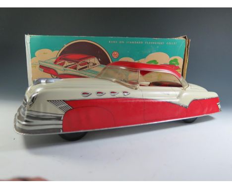 A Very Large Scale Marx Battery Operated Electric Tinplate Convertible Car in Red and Cream in original complete repaired box