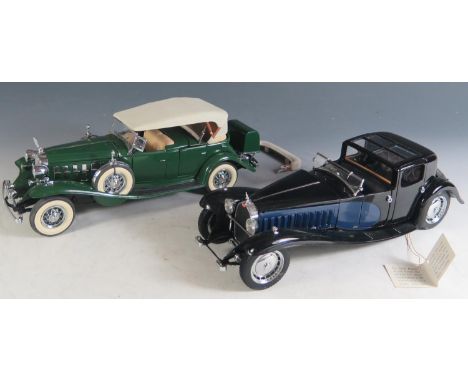 Two 1:24 Scale Models, Franklin Mint 1930 Bugatti Royale Coupe Napoleon, Danbury Mint 1932 Cadillac V-16. Near mint to mint i