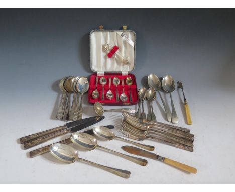 Three London Silver Spoons 174g and selection of plated flatware 