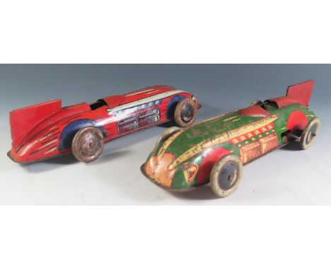 Two Wells Brimtoy Tinplate Clockwork Racing Cars, Motors work (28.5cm approx). 