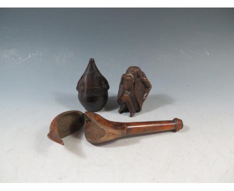 A Georgian Treen Clay Pipe Case (15cm long, flask and nut cracker (missing screw) 