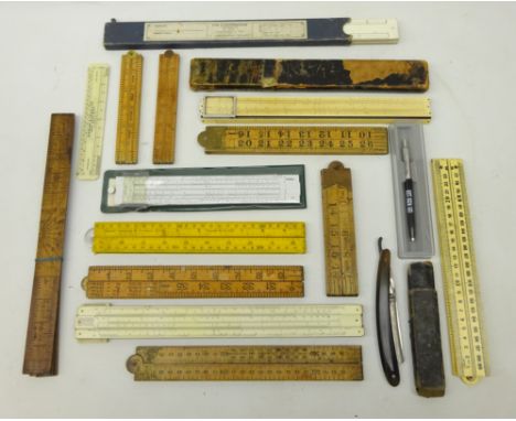 "Simpson" bilateral slide rule, another similar marked 'ACH', vintage folding rulers, Houghton & Co cut throat razor, Parker 