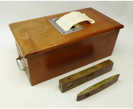 Vintage wooden till with receipt reel, J.Rambone & Sons wooden level with brass top and another level (3)   Condition Report 