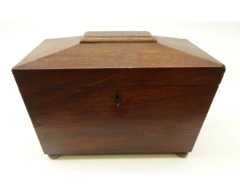 19th century mahogany sarcophagus shaped twin division tea caddy, L23.5cm    Condition Report   Click here for further images