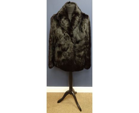 Vintage black rabbit fur short jacket, lined in purple taffeta, size 16   Condition Report   Click here for further images, c