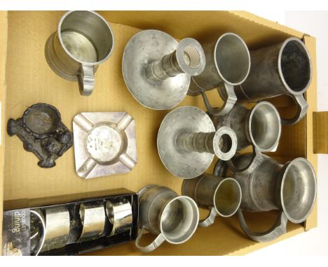 19th century pewter measures, tankards, pair candlesticks, L.M.G Cup silver-plated ashtray, set for silver-plated napkin ring
