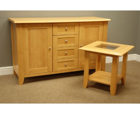 Light beech sideboard fitted with three drawers and two cupboards (W140cm, D51cm, H86cm) with matching lamp table Condition R