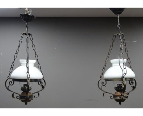 Pair cast metal oil lamp style centre light fittings with funnels and opaque glass shades (2)   Condition Report   Click here