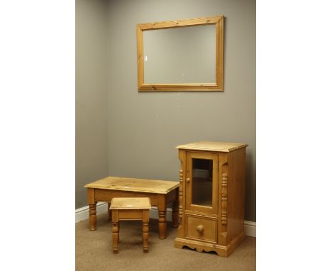 Pine side cabinet with glazed door, coffee table, lamp table and wall mirror (4)   Condition Report   Click here for further 