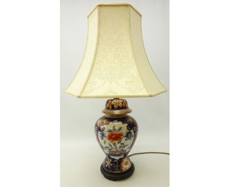 Japanese style pottery baulster shaped table lamp in the Imari pallet, with shade, H36cm of main body  Condition Report Click