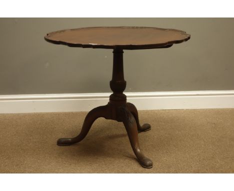Georgian style pedestal tripod table, shaped top pie crust tilt top, turned and twist flute column, three acanthus leaf carve