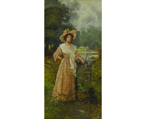 Portrait of a Young Lady in a County Garden, 19th/early 20th century oil on canvas indistinctly signed 59cm x 29cm   Conditio