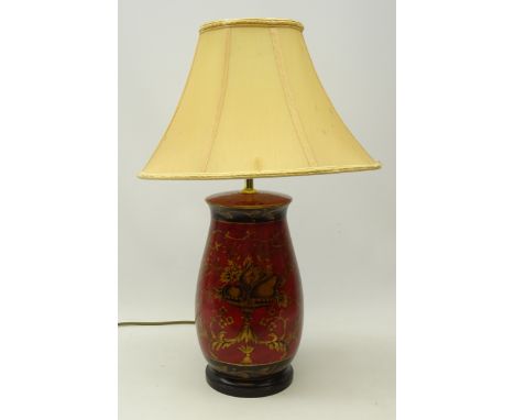Classical style porcelain table lamp, decorated with a centrepiece fruit display and gilding, on red ground, H34cm of main bo