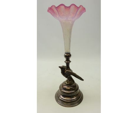 19th/ early 20th century silver-plated epergne, the base cast with an eagle and pink vaseline glass trumpet, H39cm   Conditio