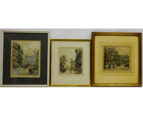 'Vienna', three colour etchings on silk signed in pencil by Hans Figura (Austrian 1898-1978), 'Vienna Graben', etching signed