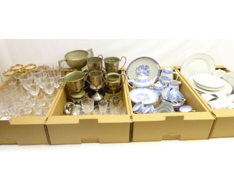 Early to mid 20th century silver-plated trophies, cut glass drinking glasses, champagne flutes, Venetian style goblets with g