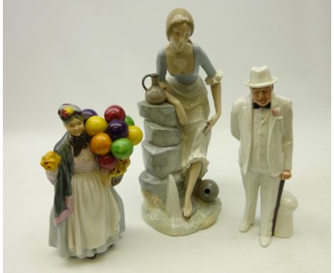 Royal Doulton figure 'Winston Churchill', The Leonardo Collection Balloon Seller' & Nao figure of a girl by stream H33cm (3) 