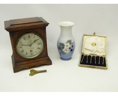 Cased set of six silver gilt cocktail sticks with cockerel terminals, Royal Copenhagen vase decorated with blackberries no.28