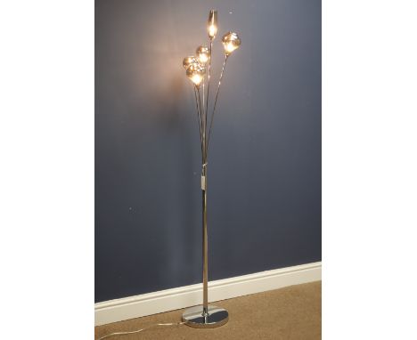 Five branch chrome standing light with bud shaped mirrored glass shades, H160cm (This item is PAT tested - 5 day warranty fro