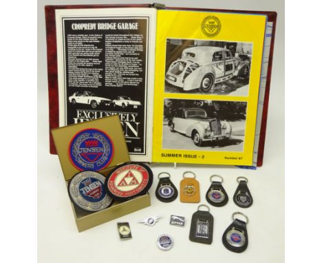 Jensen Owners Club magazines in folder, two Jensen Owners Club patches & enamel badge, Institute Advanced Motorists patch, Je