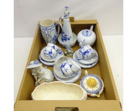 Royal Bonn Delft tyg, Delft tea set, Nao figure, Moorland Chelsea Works pottery citrus juicer etc in one box   Condition Repo