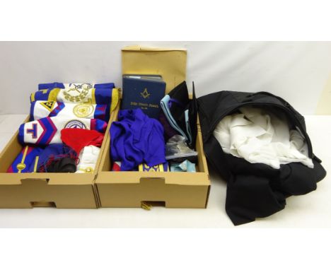 Collection of Masonic regalia including; sash, hat, apron, clothing, book 'Lodge Masonic Pioneers no.168', Masonic certificat