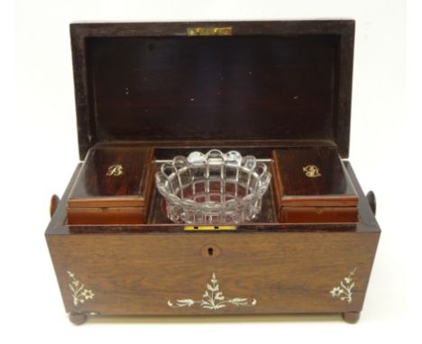 Victorian rosewood sarcophagus shaped tea caddy, with mother of pearl inlay, with two lidded canisters and matched bowl, L31c
