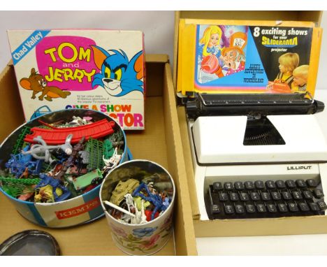 Lilliput Typewriter, boxed, Britains plastic farm animals, other plastic figures, 'Tom and Jerry Give a Show Projector' etc  