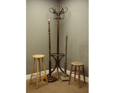 20th century stained beech bentwood coat stand, Adams style brass standard lamp, stained beech turned standard lamp, and two 