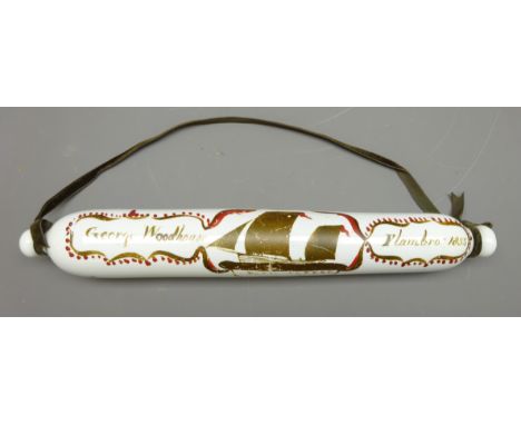 Early Victorian opaque glass rolling pin painted with a fishing coble 'Royal Albert' owned by George Woodhouse Flambro. 1855,