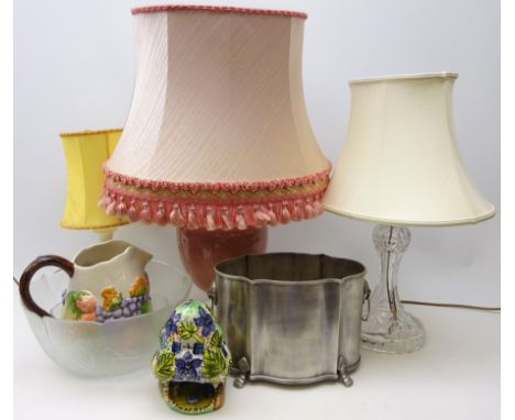 Cut glass table lamp with faceted stem, brass fitting and silk shade, H28cm of main body, pewter champagne bowl with lion mas