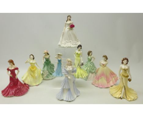 Ten porcelain figurines including; Coalport 'Prom Night', 'Debutante Rosalind', 'Catherine', 'Happy Birthday', 'Ruby Annivers