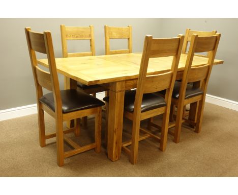 Solid oak extending dining table with leaf (H77cm, 132cm x 182cm extended), and six ladder back chairs Condition Report Click