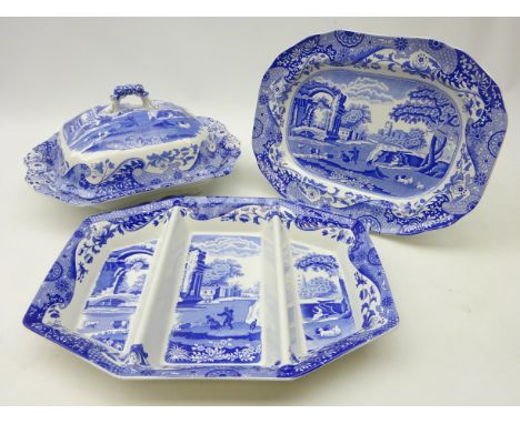 Spode 'Italian' pattern tureen and cover, three division serving dish and meat plate, L32cm (3)   Condition Report  All stamp