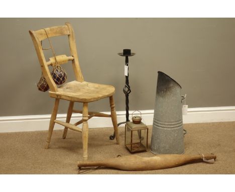 19th century country elm farmhouse chair, wrought metal candle holder, galvanised coal scuttle, small metal lantern and a woo
