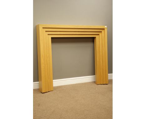 Light oak finish stepped fire surround, W135cm, H112cm, D16cm, aperture - 91cm x 91cm   Condition Report   Click here for fur