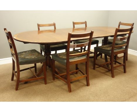 Early to mid 20th century Regency style mahogany and mahogany banded twin pedestal dining table, reeded out splayed legs with