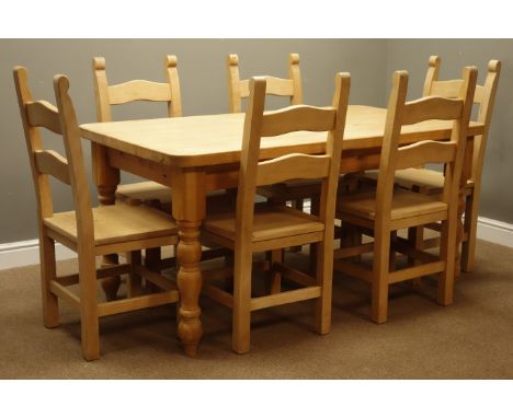 Rectangular waxed pine dining table with turned supports (152cm x 86cm, H75cm), and set six beech ladder back dining chairs C