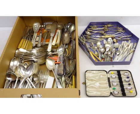 Cased set of silver-plated coffee spoons, Victorian mother-of-pearl handled fish servers, Victorian ivory handled fish knives